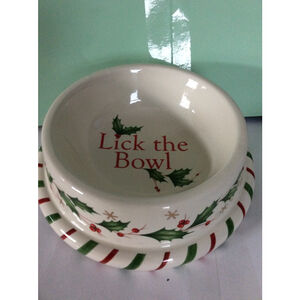 Lenox Dog Bowl "Lick the Bowl" White Red Green Christmas One Size
